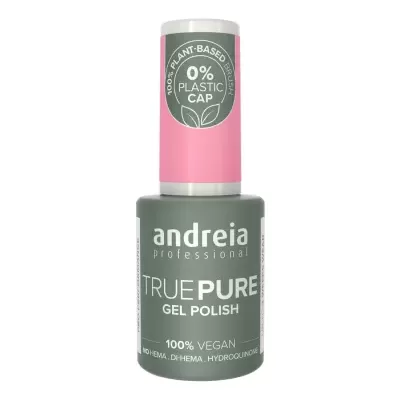 Esmalte de gel Andreia True Pure com tampa cor-de-rosa claro e embalagem cinzenta