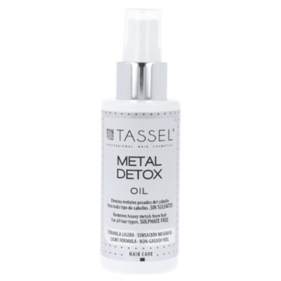 Frasco branco spray de óleo para cabelo TASSEL Metal Detox Oil