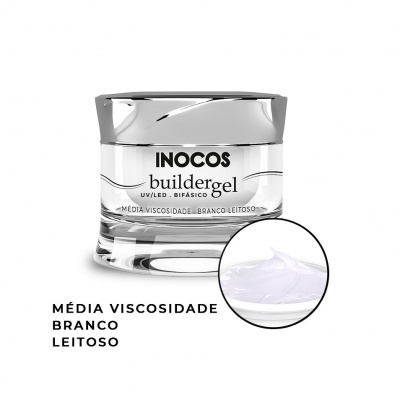 Frasco de gel builder para unhas INOCOS branco leitoso com tampa prateada