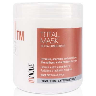 Pote branco com creme de cabelo Total Mask Ultra Conditioner da Inoue com rótulo vermelho