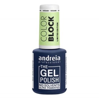 Esmalte de unhas Andreia Professional tipo gel azul escuro com tampa verde claro e texto na embalagem