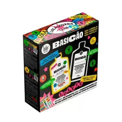 Conjunto de shampoo e condicionador BASICAO da Lola Cosmetics em embalagem colorida e vibrante