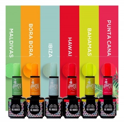 Seis frascos coloridos de verniz de unhas GL NAILS com nomes de destinos turísticos em fundos coloridos.