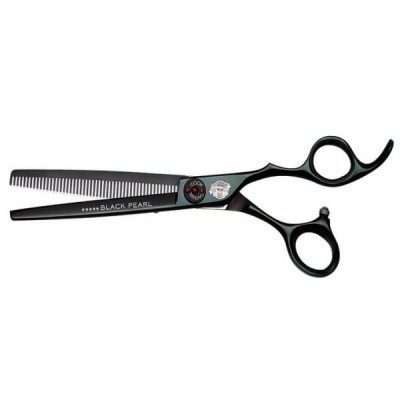 Tesoura de desbaste preta para cabelo com lâminas dentada e lisa