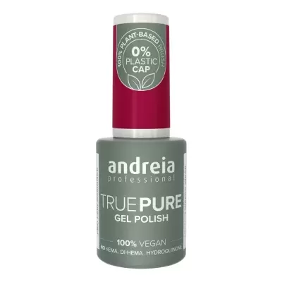 Esmalte em gel Andreia Professional True Pure cor cinza com tampa branca e selo verde.