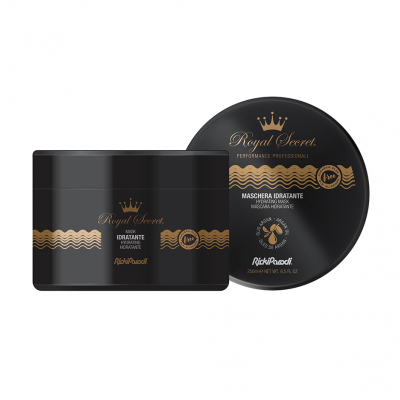 Frascos pretos de máscara hidratante para cabelo Royal Secret com detalhes dourados