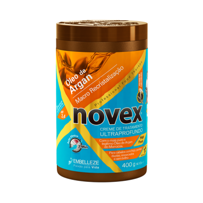 Frasco de creme de tratamento capilar Novex Argan com tampa castanha e rótulo azul e laranja