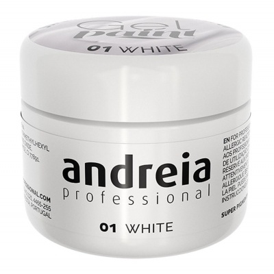 Pote branco do produto andreia professional 01 WHITE com texto na lateral.