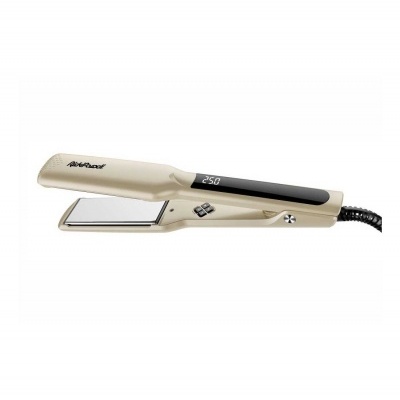 Prancha de cabelo bege com visor digital a mostrar a temperatura 250