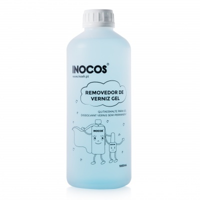 Frasco branco com removedor de verniz gel INOCOS com texto e ilustração