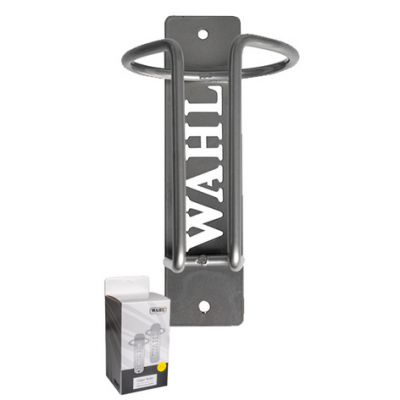 Suporte metálico de parede cinzento com texto WAHL e embalagem à frente em fundo branco