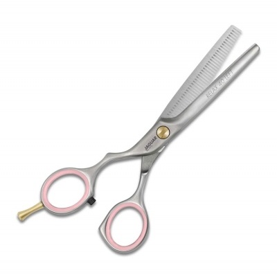 Tesoura de desbaste de cabelo cinza com detalhes rosa e parafuso dourado