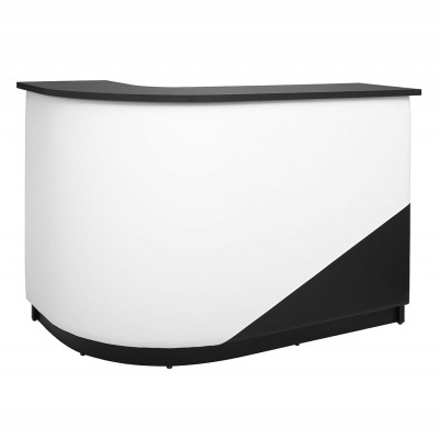 Balcão de atendimento branco e preto com tampo preto e design curvo