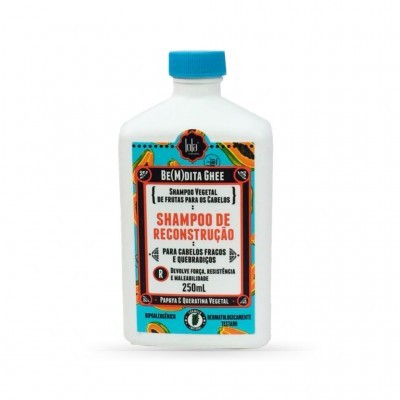 Frasco de shampoo vegetal BE(M)DITA GHEE para reconstrução de cabelos com tampa azul