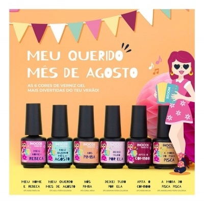 Seis vernizes coloridos com rótulos e embalagem laranja com texto e ilustração feminina