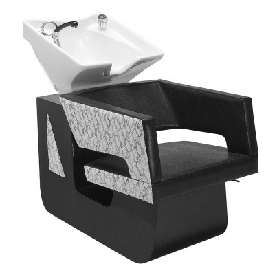 Cadeira lavatório preto e cinza para cabeleireiro com lavatório cerâmico branco