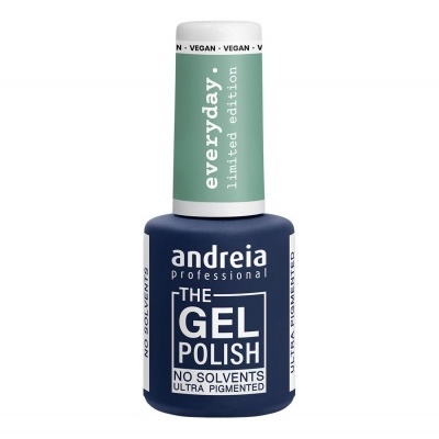 Frasco de verniz gel Andreia Professional azul escuro com tampa branca e verde