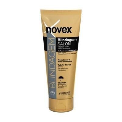 Embalagem dourada e preta do produto cosmético Novex Blindagem Salon Leave In 200g