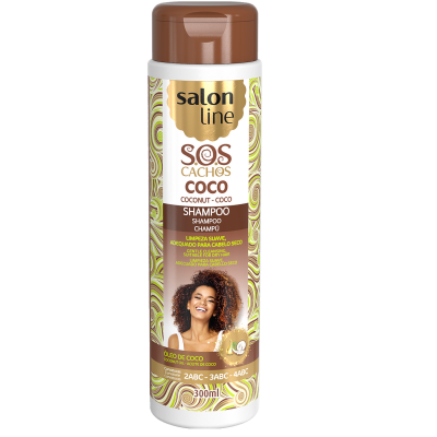 Frasco de champô Salon Line SOS Cachos Coco 300ml com tampa castanha e imagem de mulher com cabelo encaracolado