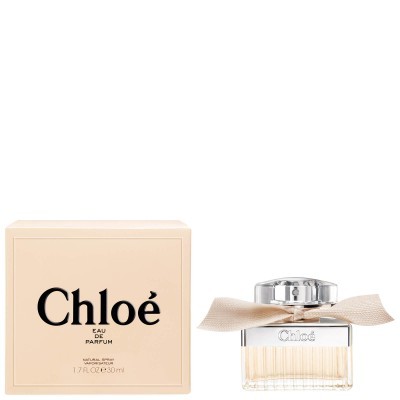 Frasco de perfume Chloé com caixa bege à esquerda