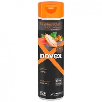 Frasco de champô Novex Superhairfood Cacau e Amêndoas com tampa laranja e rótulo preto