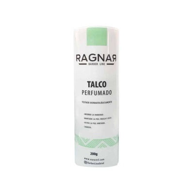 Frasco branco de talco perfumado RAGNAR com detalhes verdes