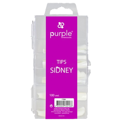 Embalagem transparente com tips de unhas brancas da marca Purple