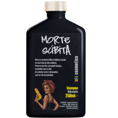 Frasco preto de shampoo hidratante Lola Cosmetics 250ml com texto e imagem de mulher com cabelo enrolado
