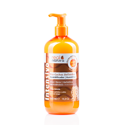 Frasco amarelo com doseador laranja de humidificador capilar Real Natura Intensivo