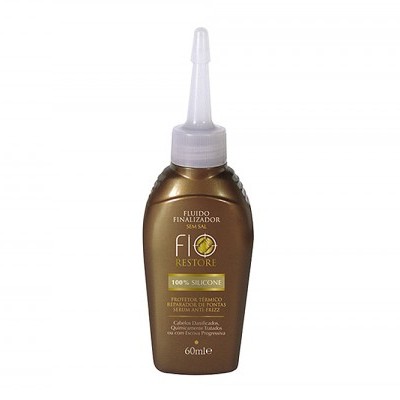 Frasco dourado de produto cosmético FIO RESTORE com tampa branca de bico fino