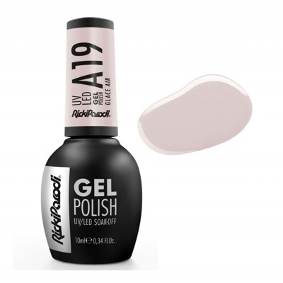 Frasco de esmalte gel rosa claro RickiParodi com amostra da cor à direita