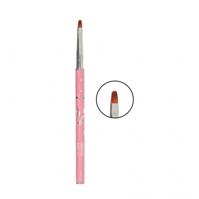 Pincel de maquilhagem rosa com cerdas castanho avermelhado em fundo branco