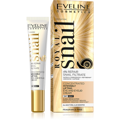 Embalagem e tubo de creme Royal Snail da Eveline Cosmetics em tons dourados e brancos