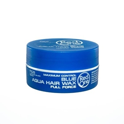 Frasco azul de cera para cabelo Red One com texto branco em fundo branco
