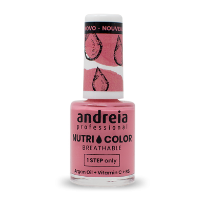 Frasco rosa de verniz de unhas Andreia Nutri Color com tampa branca