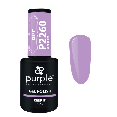 Frasco de esmalte em gel lilás da marca Purple Professional com amostra da cor ao lado.