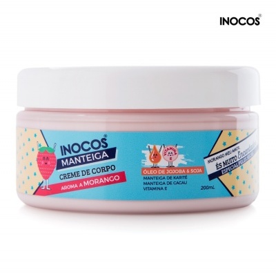 Frasco de creme de corpo rosa com tampa branca e rótulo colorido com morango