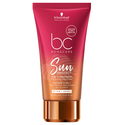Creme capilar BC Bonacure Sun Protect em tubo rosa e laranja com tampa dourada