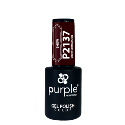 Frasco de verniz gel preto da Purple Professional com tampa bordeaux e texto branco
