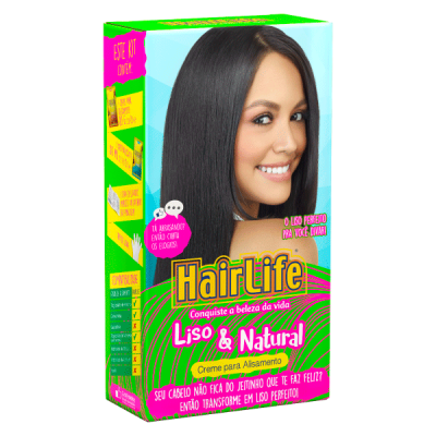 Embalagem de creme alisante Hair Life Liso & Natural com imagem de mulher de cabelo liso.