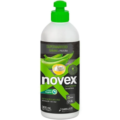 Frasco plástico branco com tampa verde de creme Novex SuperHairFood Banana + Proteína