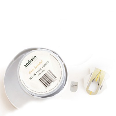 Kit unhas artificiais andreia All In 1 Nail Forms com embalagem branca redonda e acessórios pequenos.
