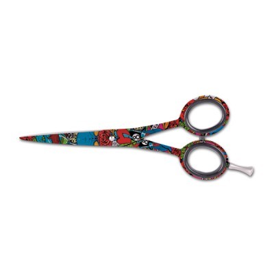 Tesoura pequena colorida com padrão gráfico vibrante