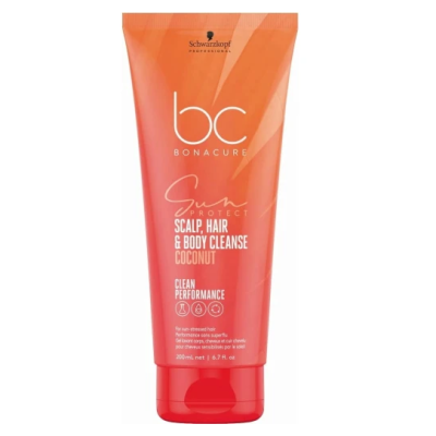 Frasco de tubo laranja-vermelho BC Bonacure Sun Protect Scalp, Hair & Body Cleanse com texto branco.