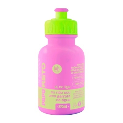 Garrafa plástica rosa com tampa verde fluorescente e texto amarelo