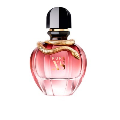 Frasco de perfume rosa com tampa preta e cobra dourada
