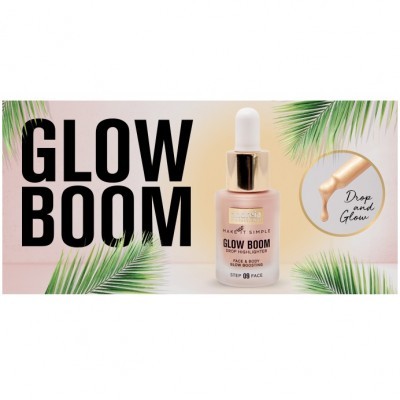Frasco de iluminador líquido Glow Boom com conta-gotas e tampa dourada sobre fundo bege com folhas verdes