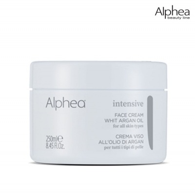 Frasco branco de creme facial Alphe com texto cinzento