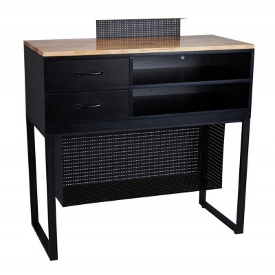 Secretária metálica preta com tampo em madeira clara, gavetas e compartimentos abertos