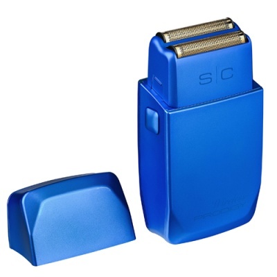 Barbeador elétrico azul com tampa removível e duas lâminas metálicas